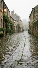 Serene Rainy Street Scene in Historic Village with Cobblestone Path