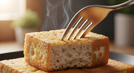 Warm cake being pierced with a fork on a plate in a cozy kitchen