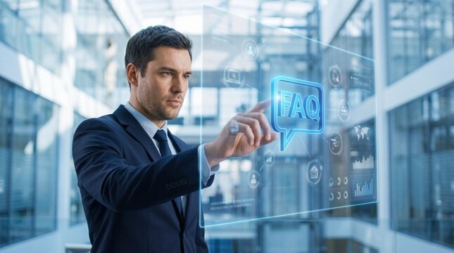 Businessman interacting with FAQ interface in modern office - Powered by Adobe