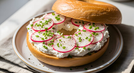 Tasty bagel with cream cheese radish and herbs on a plate with a napkin