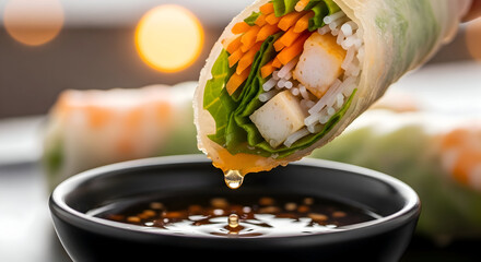 A spring roll being dipped into a sauce with sesame seeds,  studio closeup photography