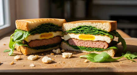 Delicious sandwich with egg and meat on a wooden cutting board in a kitchen setting with natural light