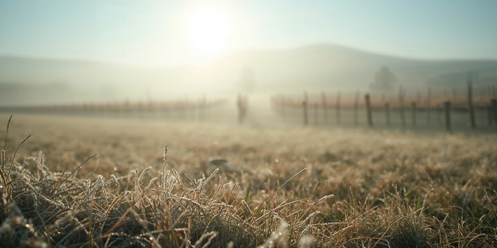 Frost-kissed grass in morning light with nearby vineyard, winter weather, Earth Day