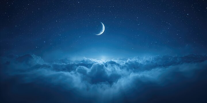 Starry sky with a half moon in scenic cloudscape, ideal for nighttime sky wallpaper or astronomy visual