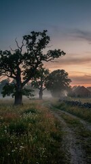 Obraz premium Serene Misty Morning Landscape with Trees and Rural Pathway