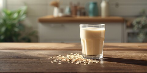 Oat vegetable milk served in glass with oat flakes surrounding it, highlighting lactose-free dairy alternatives, National Plant Milk Day