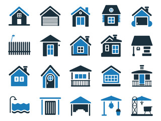 Fototapeta premium A collection of stylized home and property icons in various blue hues, showcasing different architectural designs.