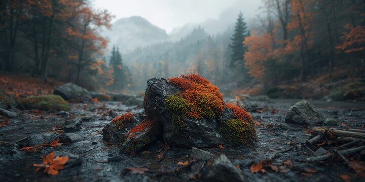 Autumn forest scene featuring colorful moss on stones, suitable for nature-themed background or layout design