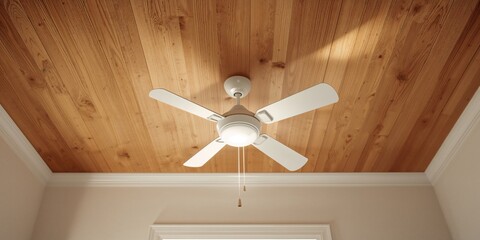 Ceiling fan mounted on wooden ceiling surface, focusing on household cooling solutions and electrical safety