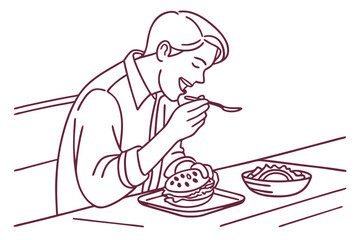 Minimalist line drawing of man eating food at dining table