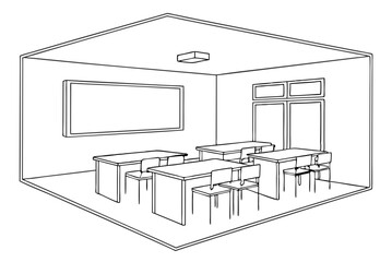 School classroom interior design with white board line drawing