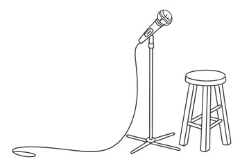 Microphone and stool stand live show minimalist line art illustration