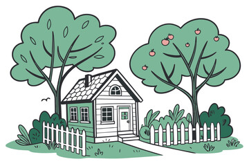 Cozy green house surrounded by garden trees eco friendly living illustration