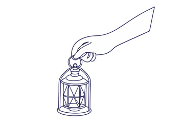 Hand holding vintage lantern outline calm night light concept artwork