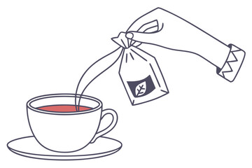 Hand holding tea bag above cup relaxing hot drink concept illustration