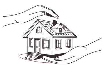 Hands holding miniature house home care protection real estate concept
