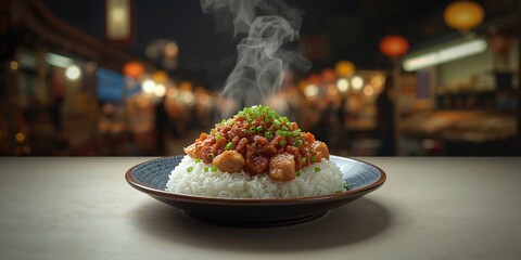 Steamed rice topped with seasoned minced pork in a casual dining setting, highlighting protein-rich meal options, Nutrition Awareness Week