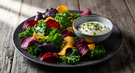 A plate of colorful salad with a bowl of creamy dressing on a rustic wooden table with natural light