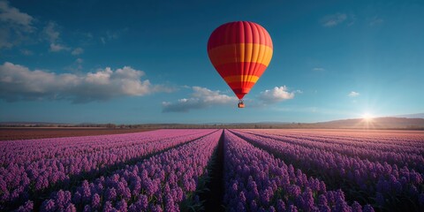 Fototapeta premium Balloon ascending above blooming hyacinth fields during sunrise, rural landscape, vibrant colors, creative collage