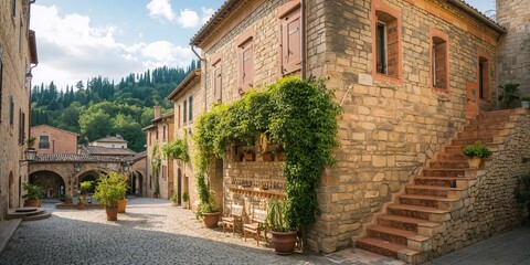 Traditional stone architecture in a rural village setting, preservation of regional building styles, Earth Day