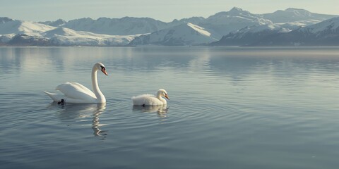 Mother, father, and offspring among large swans in a northern landscape, highlighting wildlife family groups