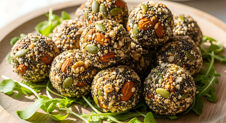 A plate of homemade energy balls made with oats,  nuts,  and seeds on a bed of fresh green herbs on a wooden plate