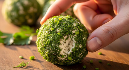 Hand holding a ball of cheese coated with herbs on a wooden surface with green leaves