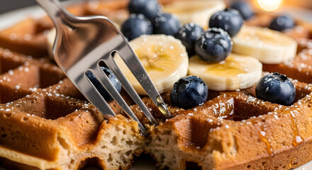 Delicious waffle with sliced bananas and blueberries being cut with a fork on a plate for breakfast or brunch