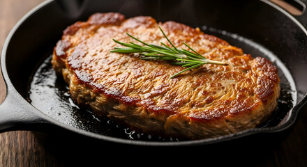 Grilled steak in a cast iron skillet with rosemary on a wooden table for dinner or lunch