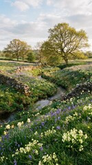 Scenic Meadow with Wildflowers and Gentle Stream in Springtime
