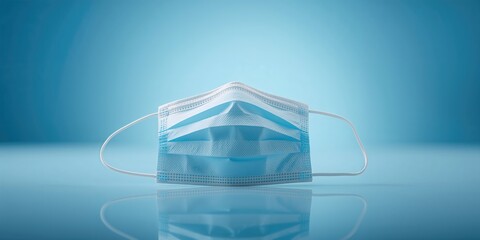 Disposable face mask designed for COVID-19 protection placed against a blue background, focusing on health safety