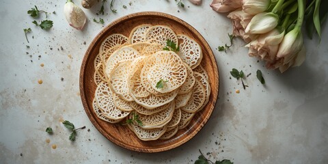 Thinly sliced lotus root prepared for cooking, highlighting nutrient content, Food & Drink, International Nutrition Week