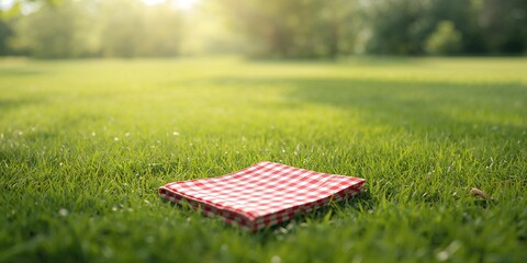 Red checkered napkin placed on vibrant grass serving as a casual picnic accessory, ideal for outdoor gatherings, Earth Day