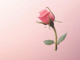 A soft pink rose touched by raindrops, symbolizing tenderness, vulnerability, and emotional renewal in gentle pastel tones.