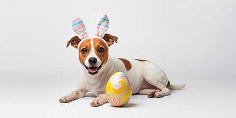 Jack Russell Terrier dog with bunny ears resting beside an egg, Easter themed scene
