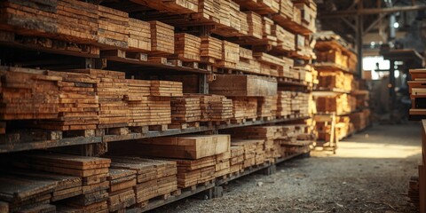 Fototapeta premium Lumber slabs organized on sawmill shelving units, supporting timber production workflows