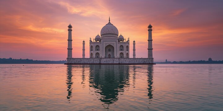 Rear view of the iconic monument along a river with a fiery sunset sky reflected in the water at dusk, preservation