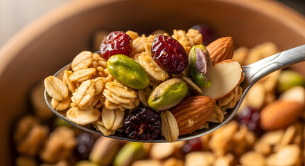A spoonful of healthy granola with nuts and dried fruits on a table