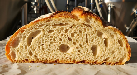 A delicious slice of bread on a table with a golden crust and a soft interior texture
