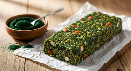 A green and colorful dessert with nuts on a wooden table and a bowl of powder