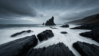 Long exposure seascape with silky water and jagged rocks under cloudy sky.