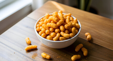 Bowl of cheese puffs on a wooden table by the window