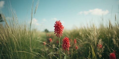 Close-up of vibrant red Silene viscaria blooms amidst grassy terrain, ideal for nature photography backgrounds