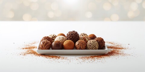 Close-up of a variety of chocolate confections on a tray emphasizing artisanal sweets, ideal for bakery marketing or menu illustration