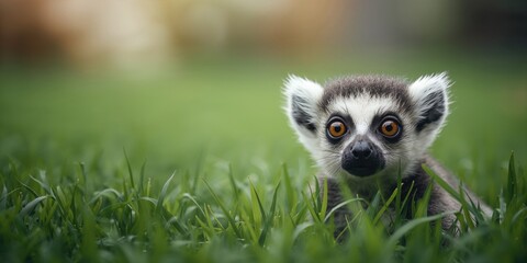 Obraz premium Lemur sitting on green grass, illustrating animal behavior in a natural environment