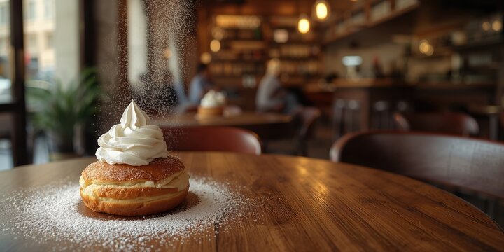 Typical Italian pastry, a Maritozzo, displayed with natural lighting in a Roman bakery setting
