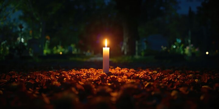 Mexican Day of the Dead altar with candles and marigolds in cemetery setting, cultural heritage in Janitzio