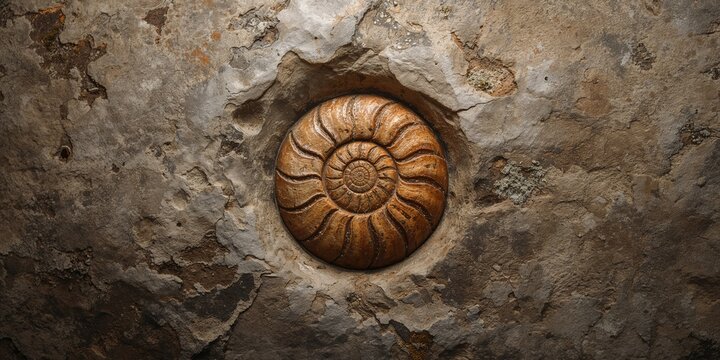 Fossilized ammonite imprint in stone, illustrating ancient marine life preservation, Earth Day