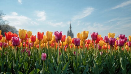 Blooming multicolored tulips forming a lively springtime display, highlighting seasonal growth