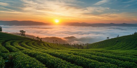 Morning scene of expansive clouds above vibrant Oolong tea plantations at dawn, highlighting rural cultivation and sunlight